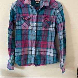 Mossimo Supply Co. Blue and Pink Plaid Womens Flannel Shirt
